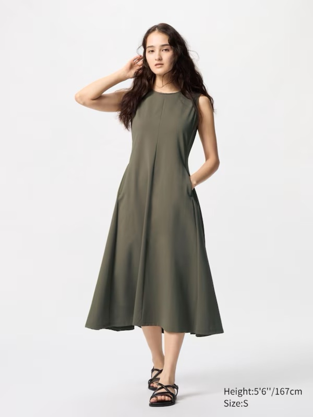 UNIQLO Ultra Stretch Olive Green Sleeveless Midi Dress Fit & Flare Pockets S